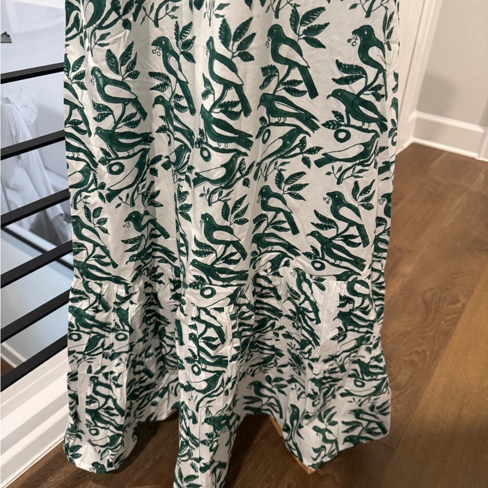 NWT Ex Voto 100% Cotton White Green Bird Block Printed Maxi Dress Green SZ M - Picture 7 of 12